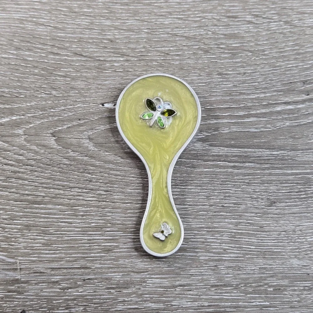 Vintage Pewter Tone Tine Hand Mirror Butterfly Yellow Green Enamel Small